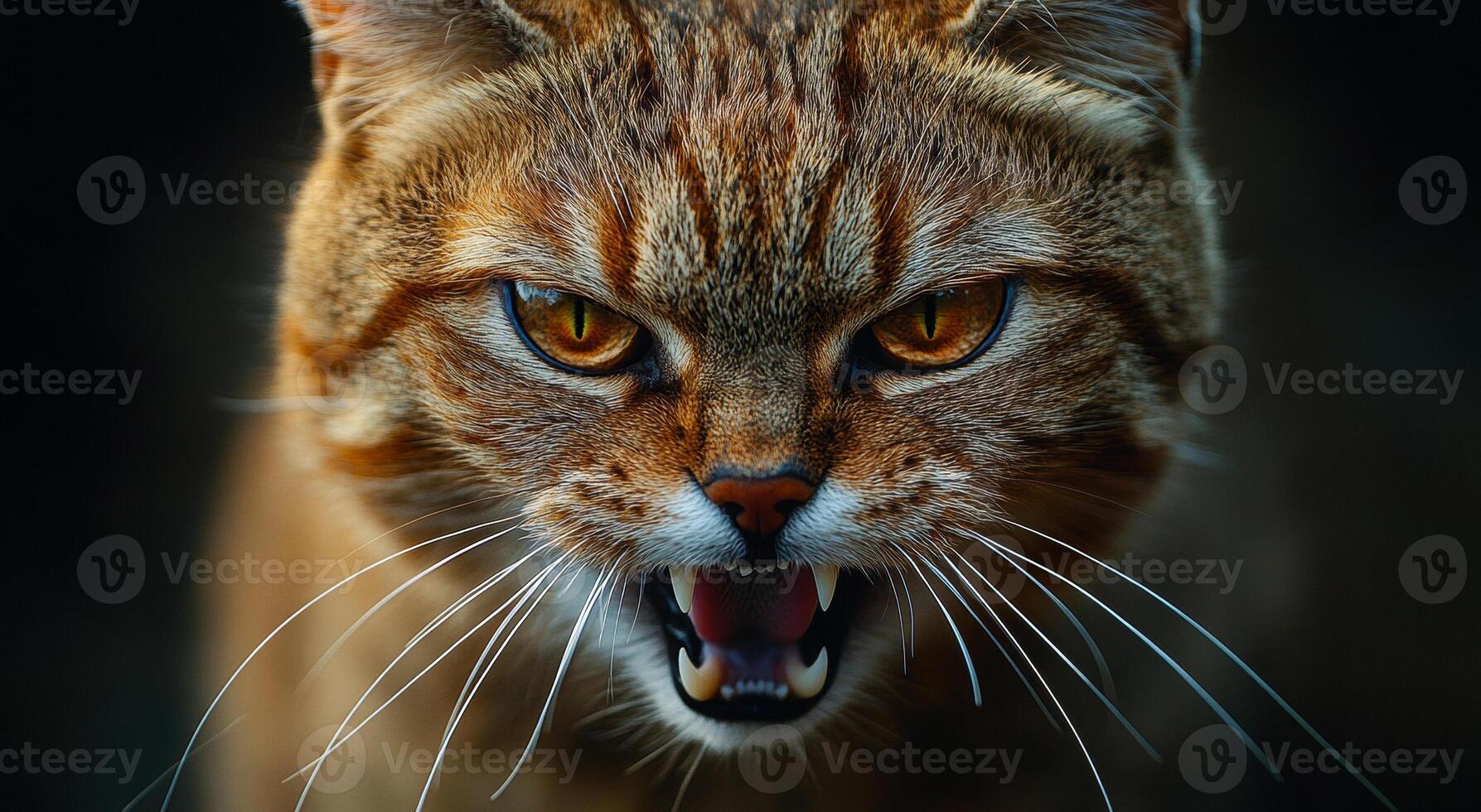 A cat with its mouth open and teeth bared, showing its fangs. The cat's eyes are red and it is angry or aggressive photo