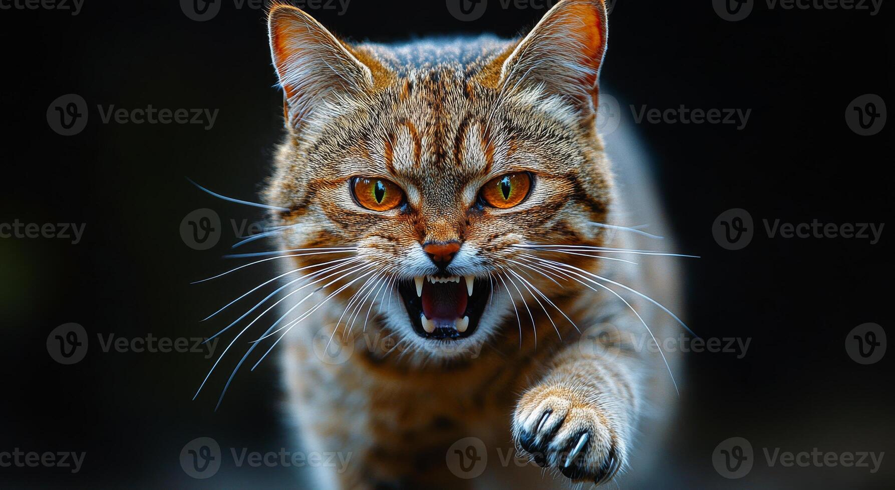 A cat is shown with its mouth open and teeth bared, looking angry and ready to attack photo