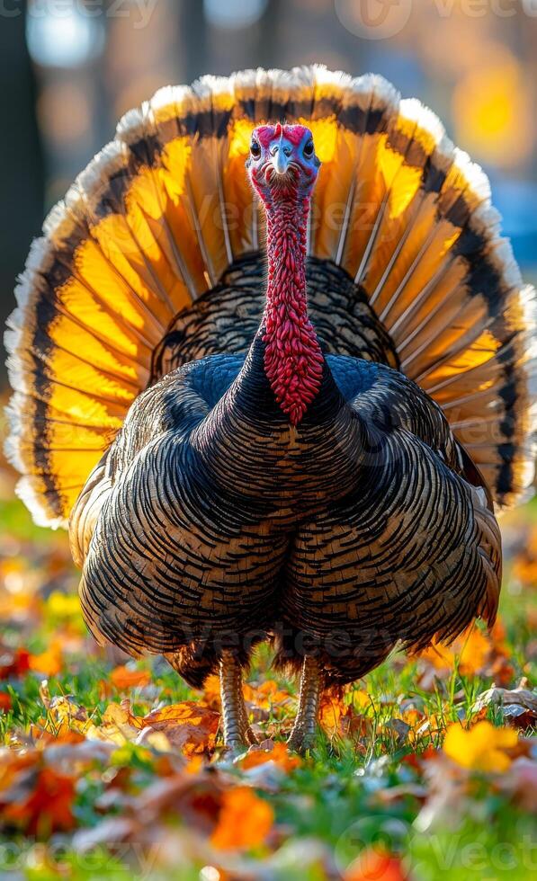A turkey is standing in a field of leaves. The turkey is brown and red. The leaves are orange and yellow photo