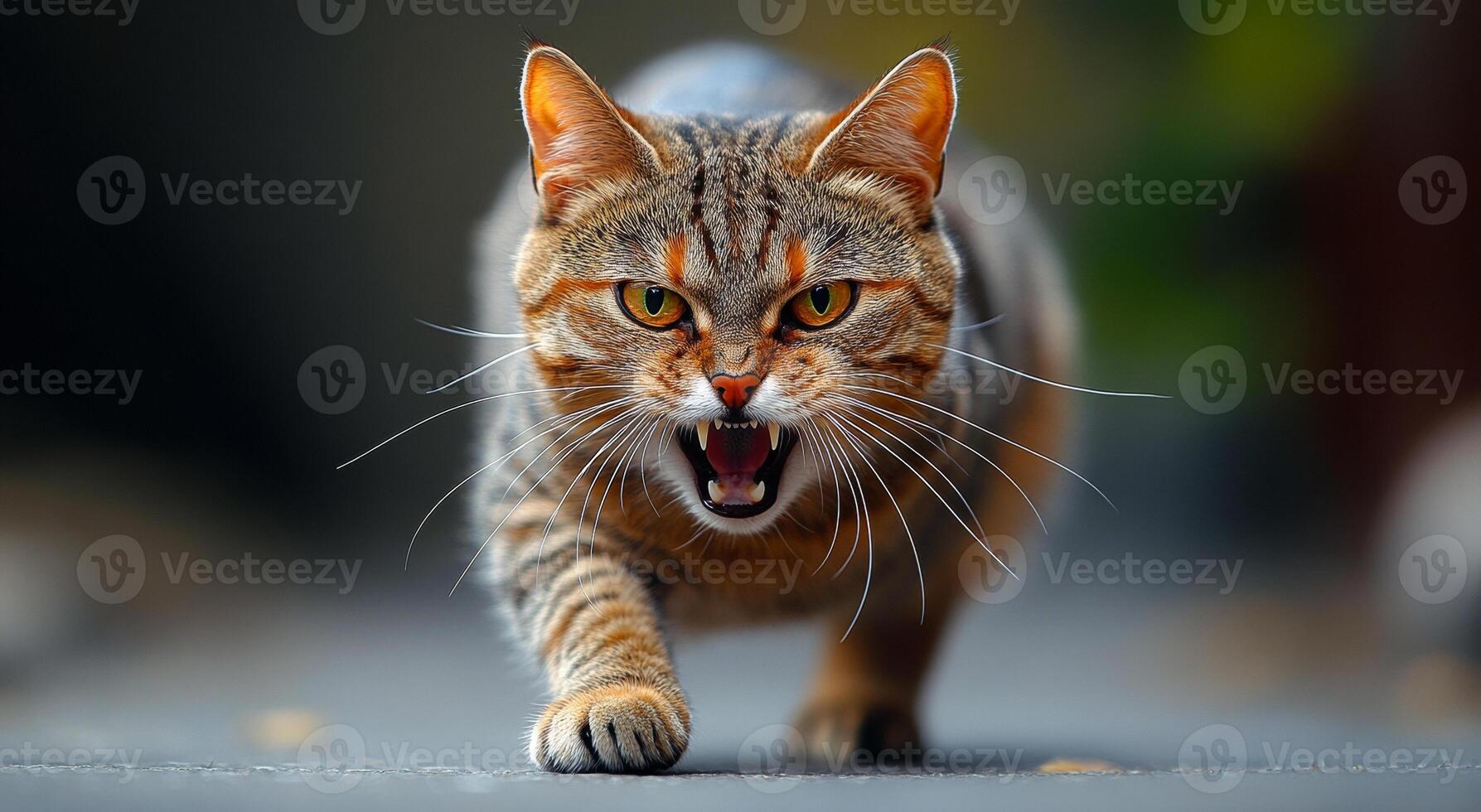 A cat is walking on a sidewalk and has its mouth open, showing its teeth. The cat appears to be angry or aggressive, and its body language suggests that it is ready to attack photo