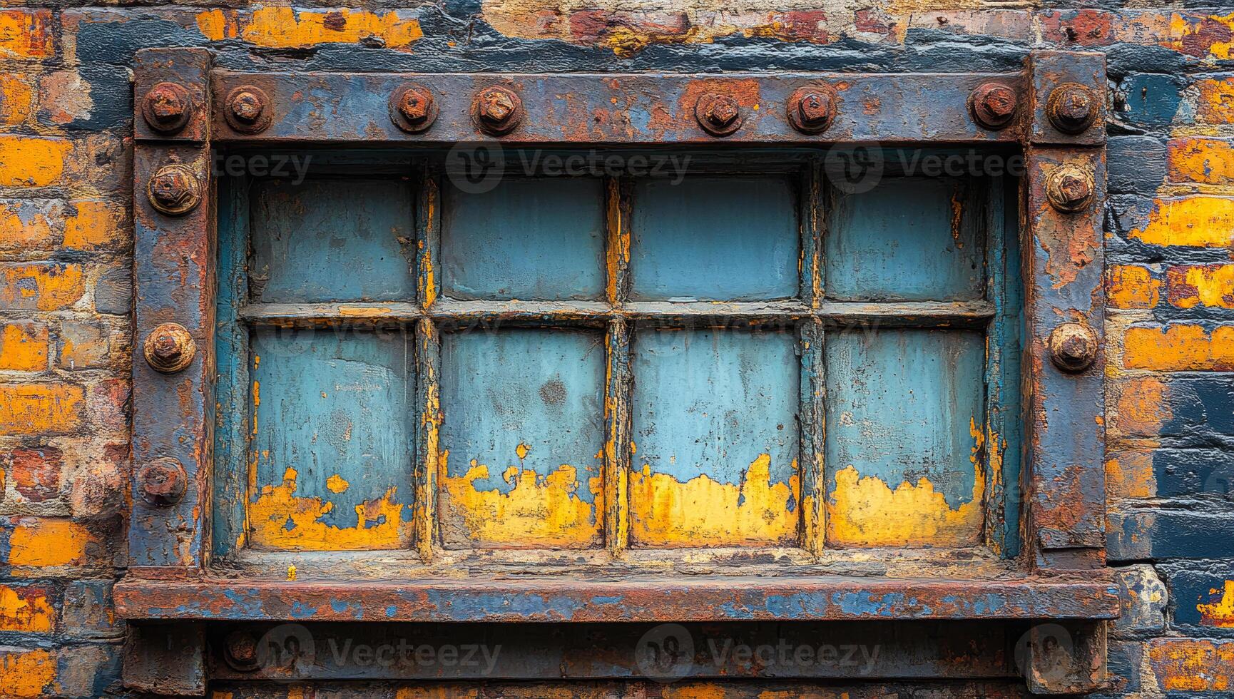A window with a blue frame and yellow trim. The frame is rusted and the window is open photo