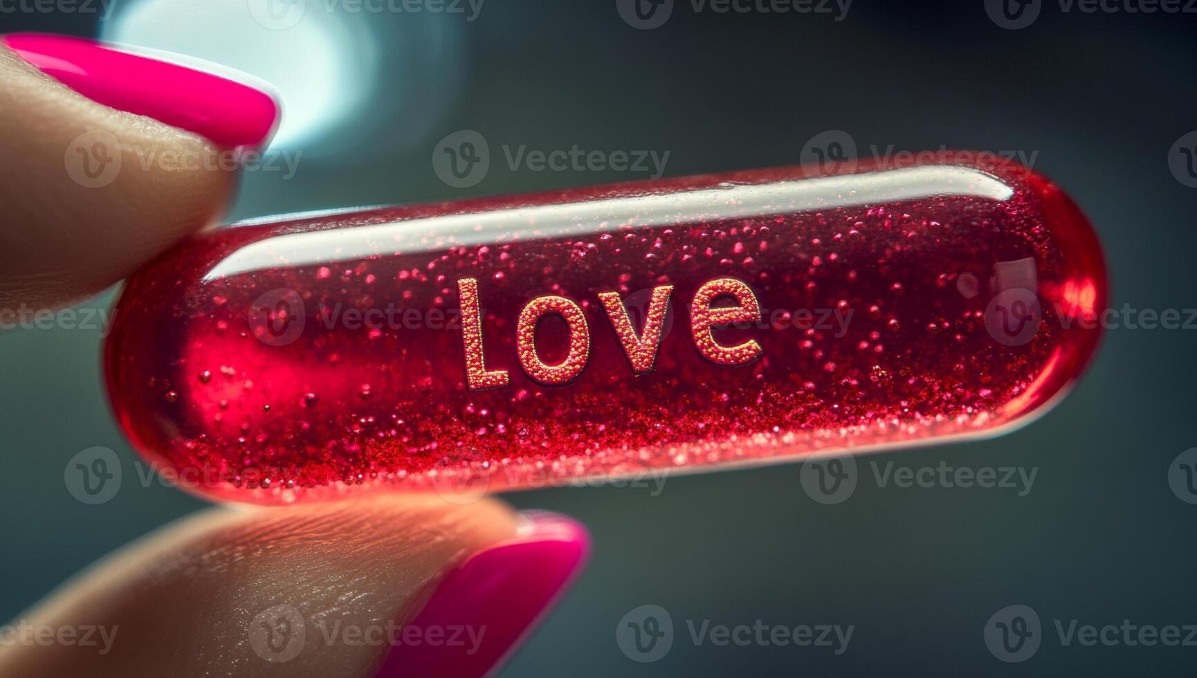 A person is holding a red pill that says love on it. The pill is filled with glitter, giving it a sparkly appearance. Concept of romance and affection photo