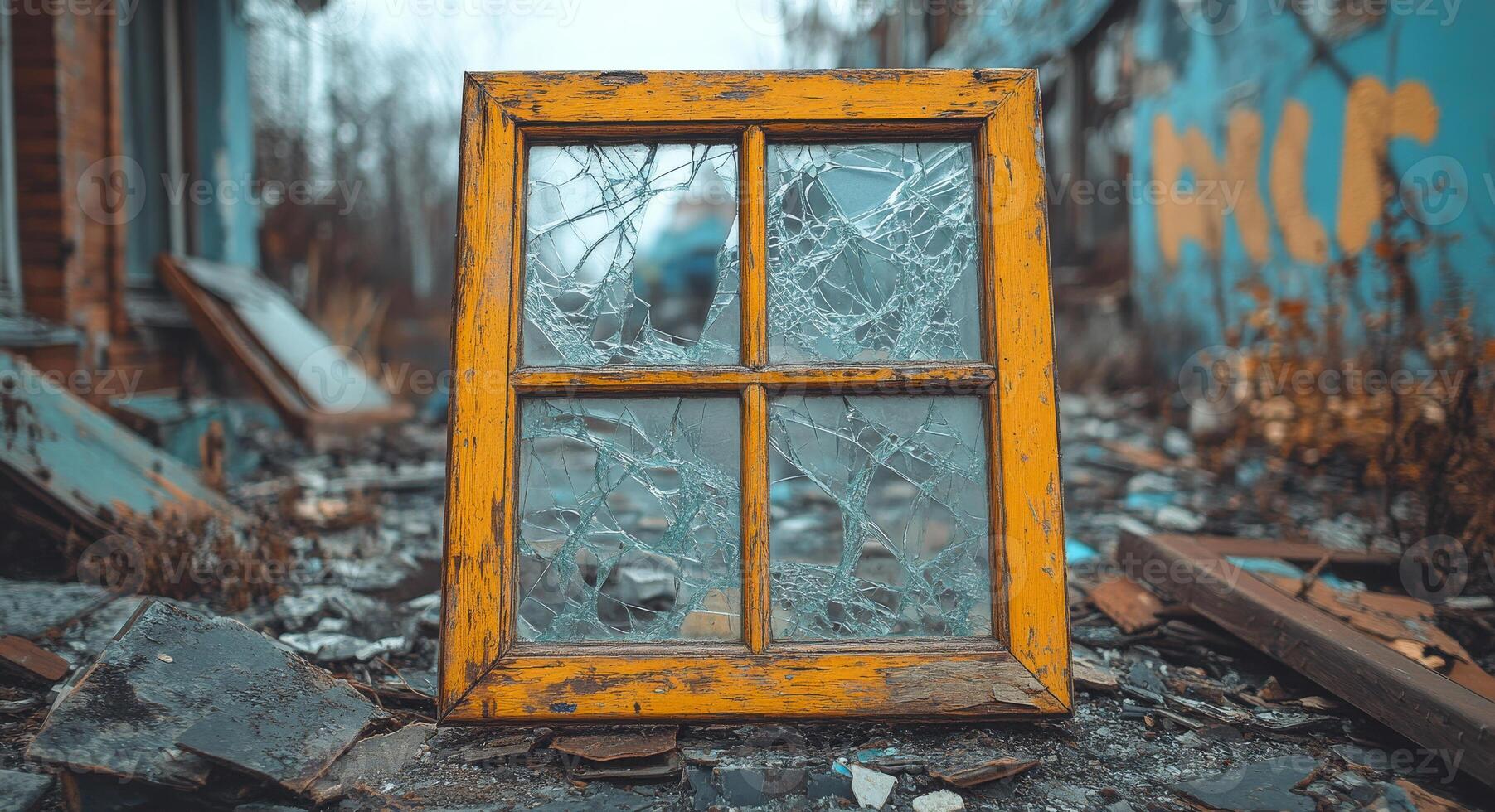 A yellow window with broken glass in it. The window is in a desolate area with a lot of debris photo