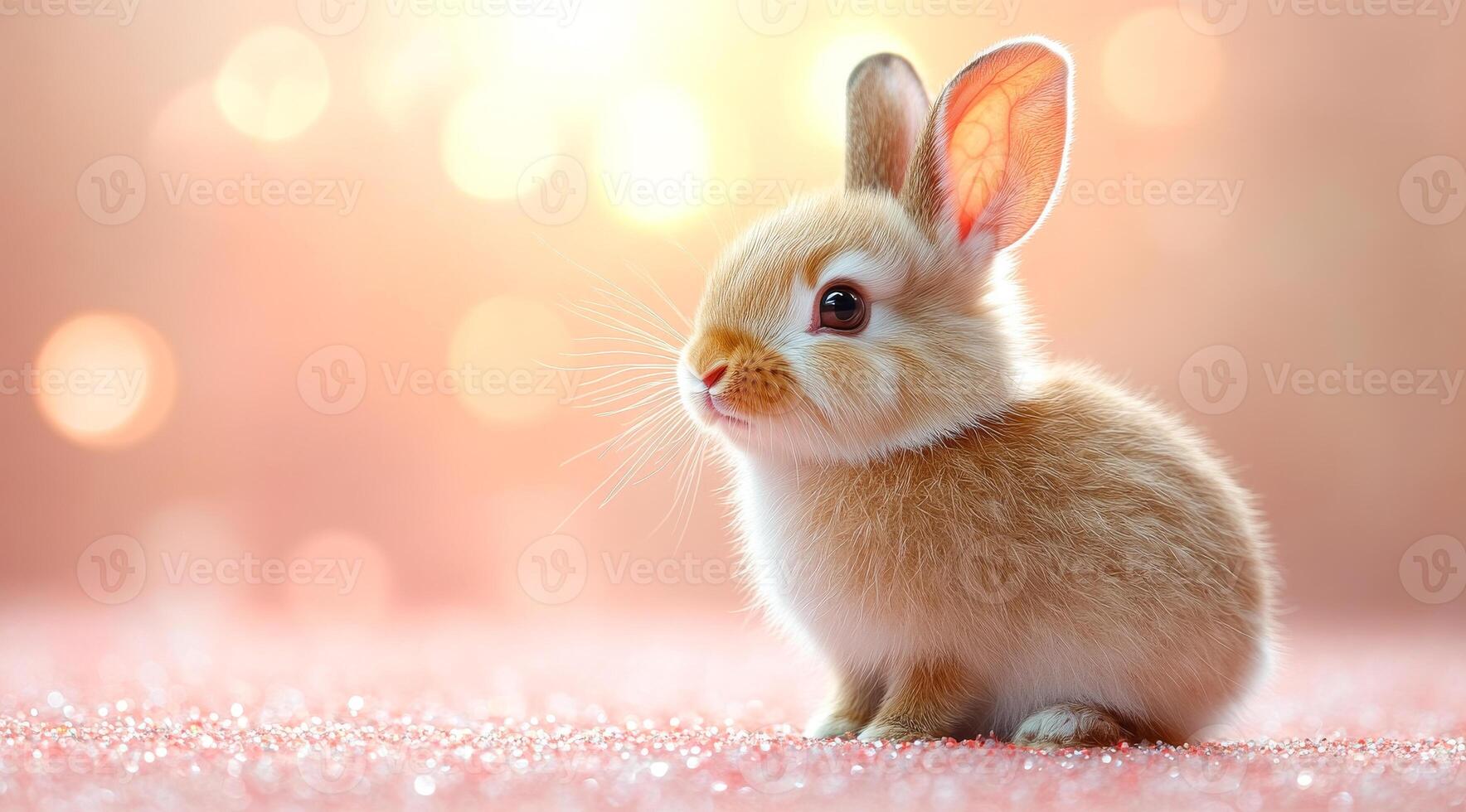 A cute little rabbit is sitting on a pink surface. The rabbit is small and adorable, with its ears perked up and looking at the camera. The pink background adds a touch of warmth photo