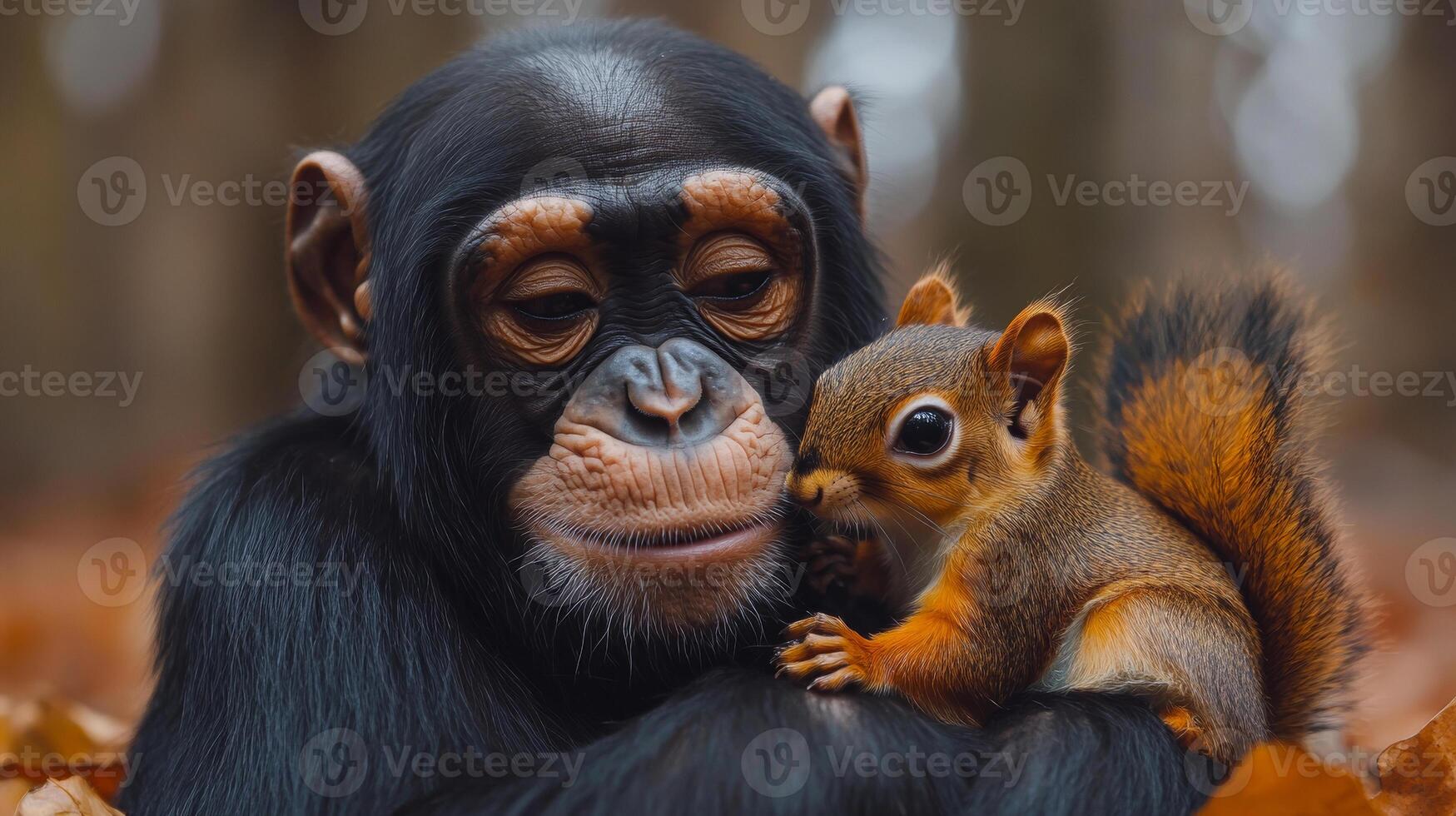 A baby monkey and a baby squirrel are cuddling together. The scene is warm and affectionate, showing the bond between the two animals photo