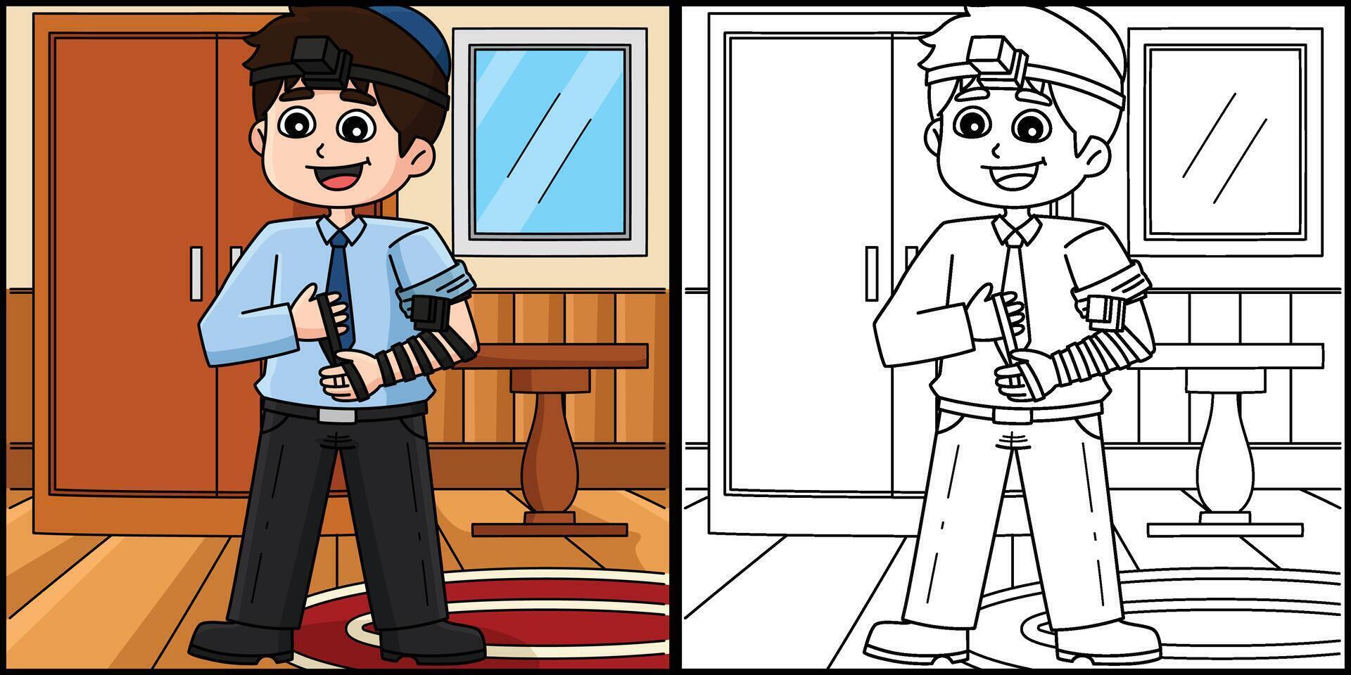 Bar Mitzvah Boy Putting on Tefillin Illustration vector