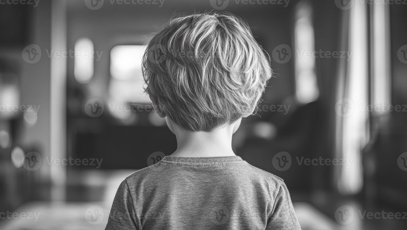 Child standing quietly in a cozy room. A young child with wavy hair faces away, observing the peaceful atmosphere of a living area filled with warmth. photo