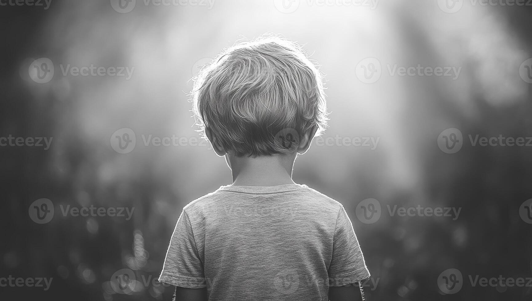 Child in sunlight, reflecting. A young child with blonde hair gazes into a bright natural setting, immersed in quiet contemplation during daytime. photo