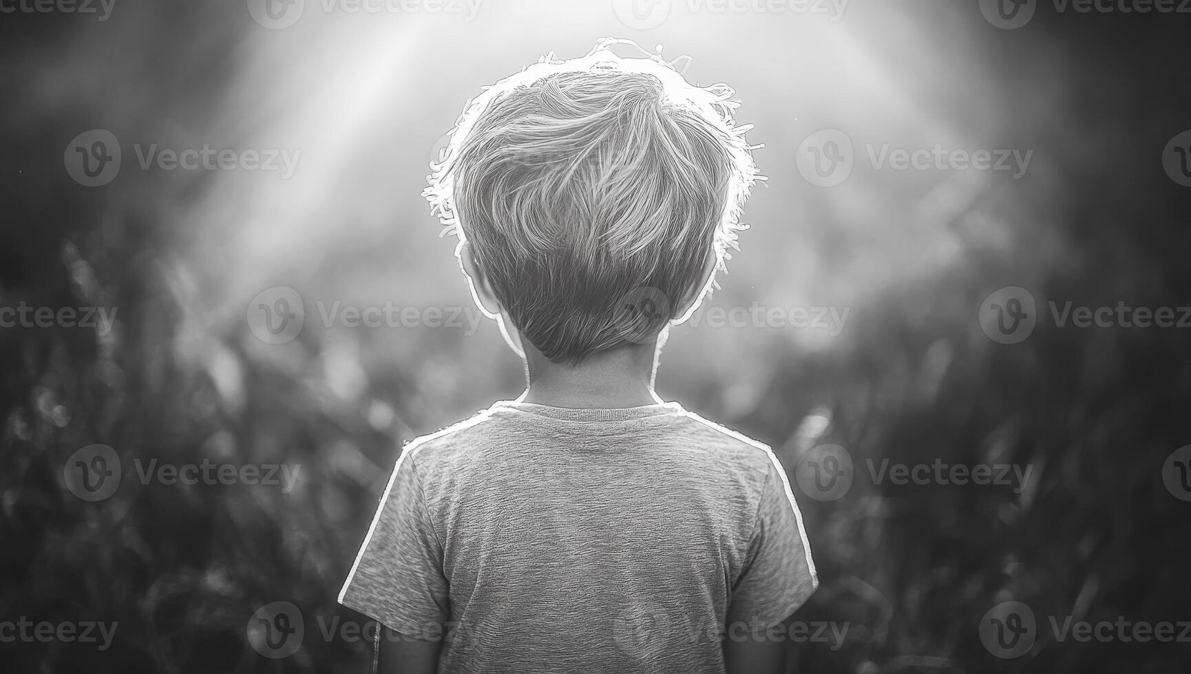 Child enjoying sunny outdoors. A young child stands in a field, gazing at the sunlight filtering through trees, evoking a sense of wonder. photo