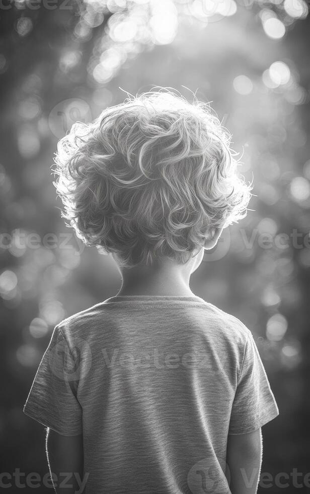 Child looking at light in forest. A young child stands with curly hair, facing a bright light in a lush forest, evoking a sense of wonder and curiosity. photo
