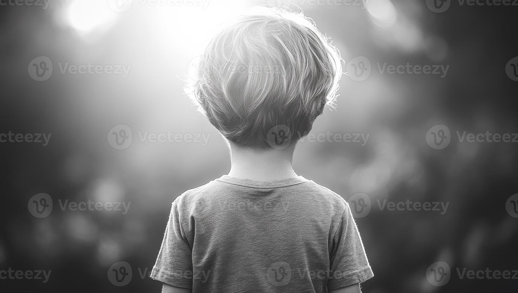 Young child gazing into the distance. A young child stands quietly, with soft light illuminating their hair, lost in thought and exploration. photo