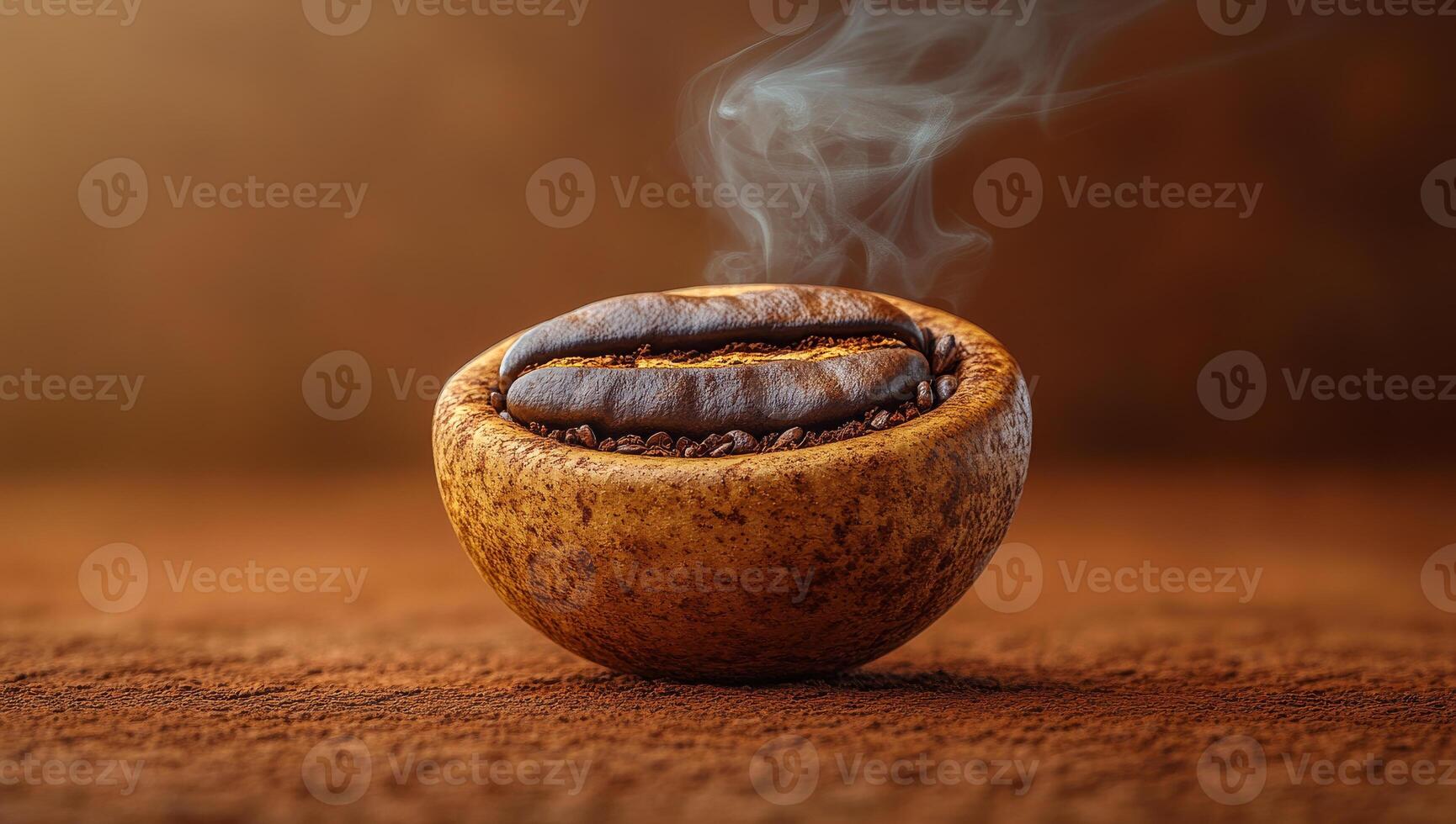 Unique bowl of brewed coffee. A warm, aromatic bowl filled with coffee beans emits steam, creating an inviting atmosphere in a cozy setting. photo