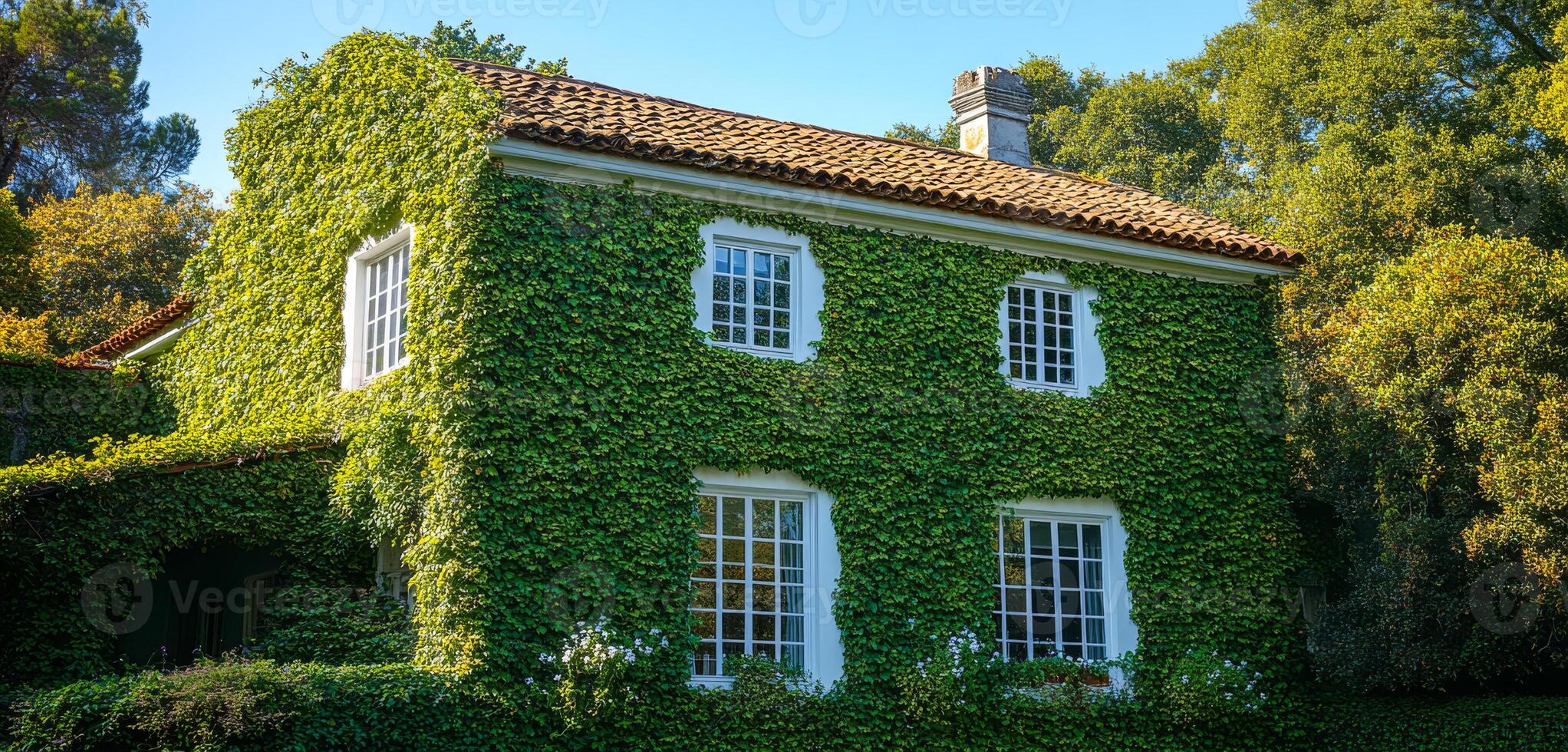 House covered in green ivy at sunny day. A charming house is enveloped in lush green ivy under a clear blue sky in a tranquil suburban setting. photo