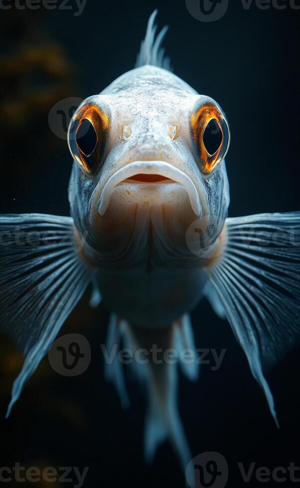 Majestic fish swimming in dark water. A stunning fish with vibrant colors swims gracefully through dark water, showcasing its unique features and fins. photo