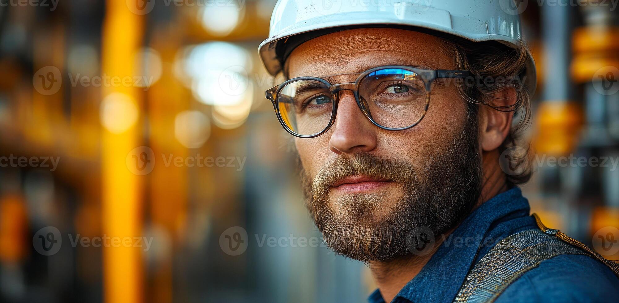Worker in safety gear onsite. A construction worker wears safety helmet and glasses while looking confidently at the camera on a busy site. photo