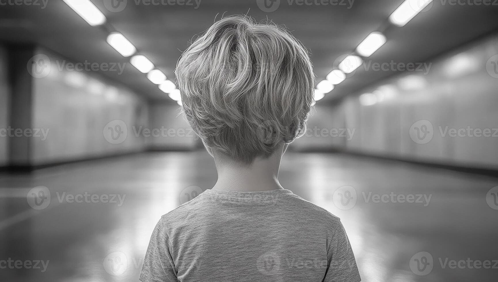 Child standing in an empty corridor. A child with short hair stands alone in a vast, empty corridor with dim lighting, creating a quiet atmosphere. photo