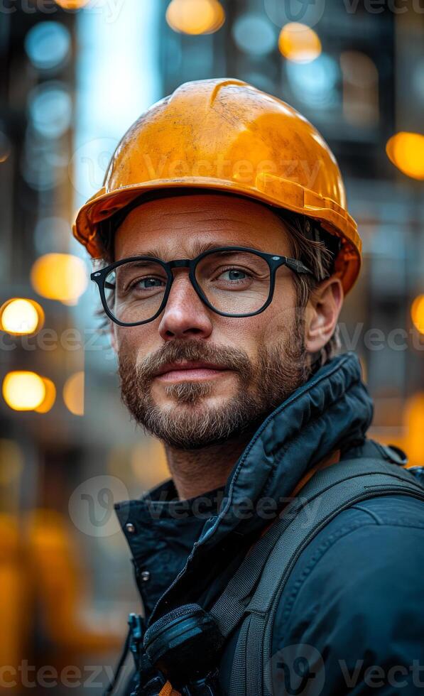 Construction worker in urban setting. A construction worker stands confidently, wearing a helmet and glasses amidst a bustling construction site. photo