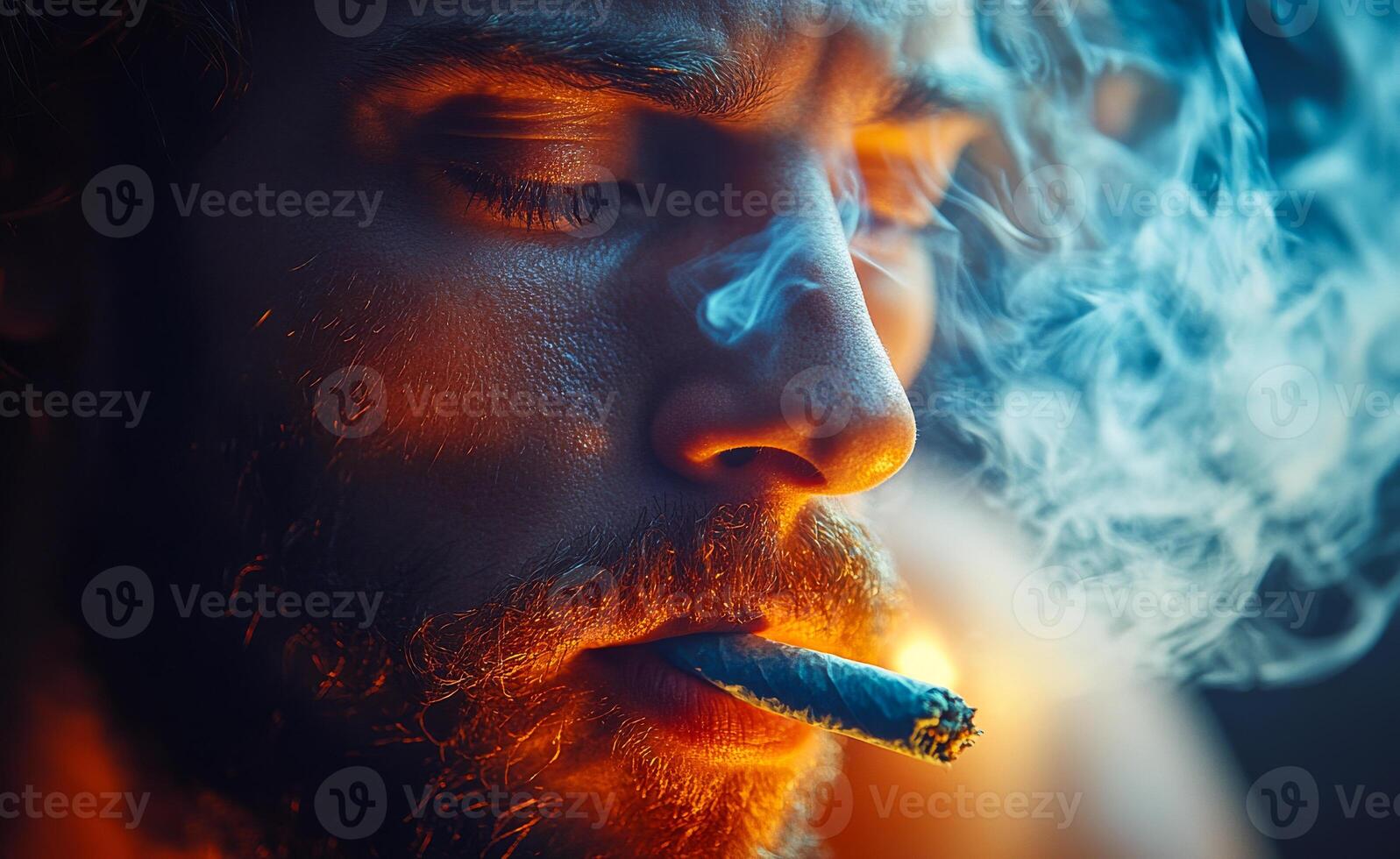 Man exhaling smoke in dimly lit room. A man with a beard quietly exhales smoke while holding a rolled paper, illuminated by warm light. photo