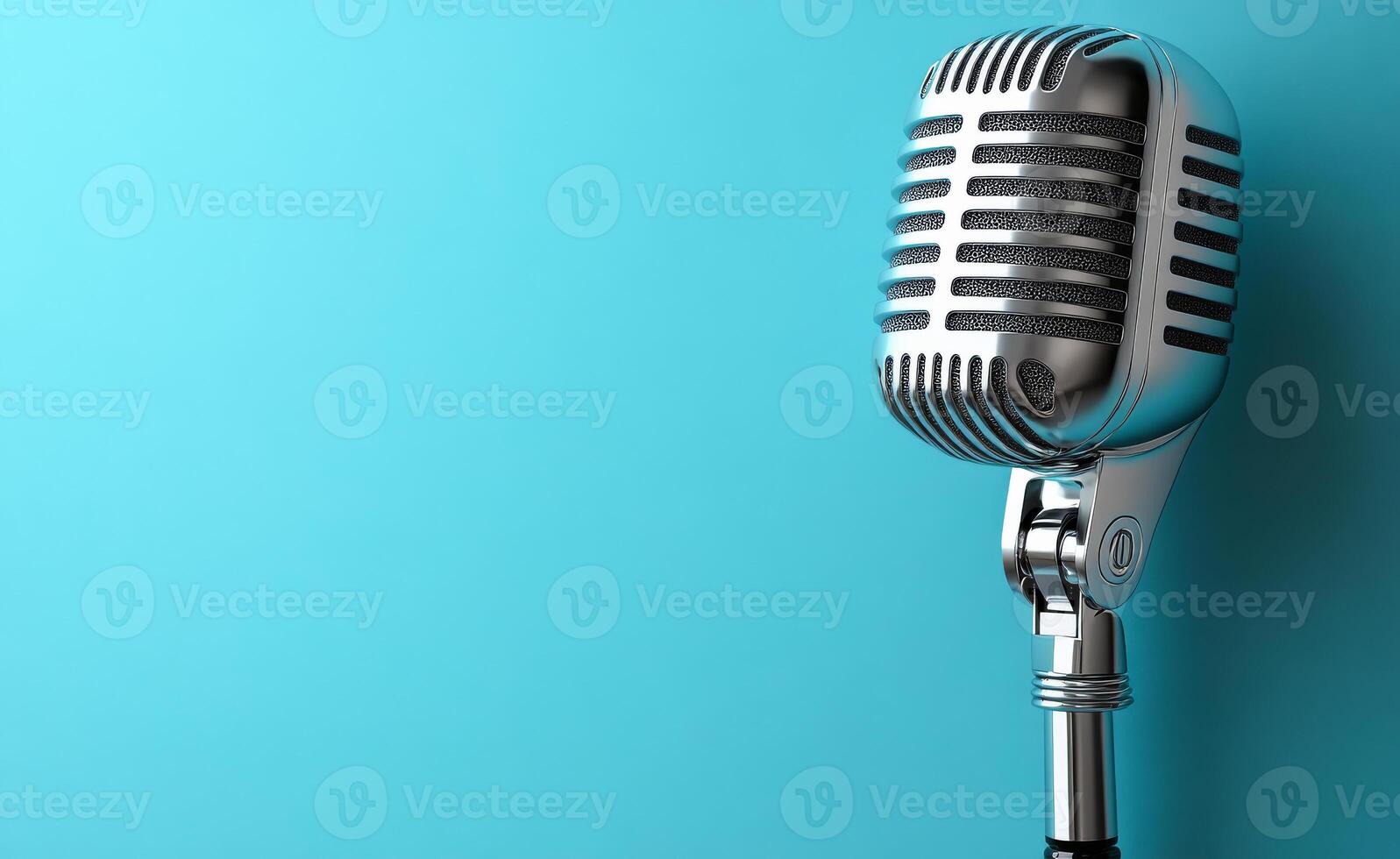 Classic microphone against blue backdrop. A vintage-style microphone stands on a silver stand in front of a solid blue background, emphasizing its design. photo