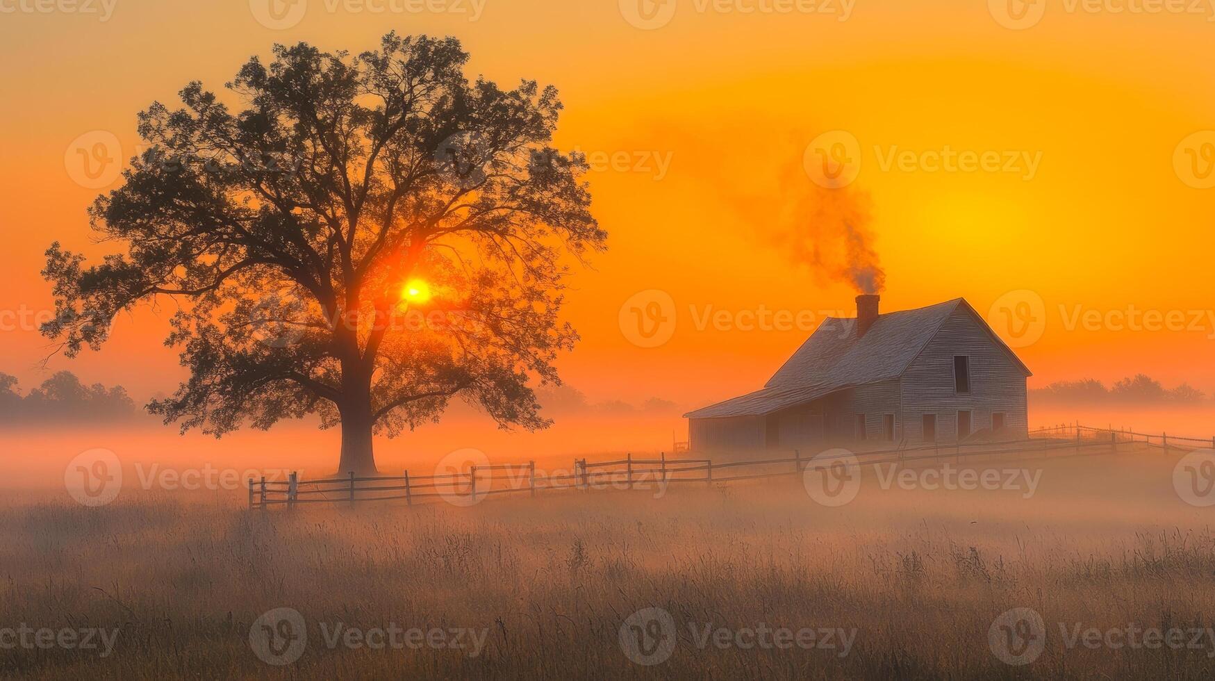 Sunset over a quiet farmhouse with smoke. A tranquil farmhouse stands under a glowing sunset, with smoke rising from its chimney and a tree silhouetted. photo