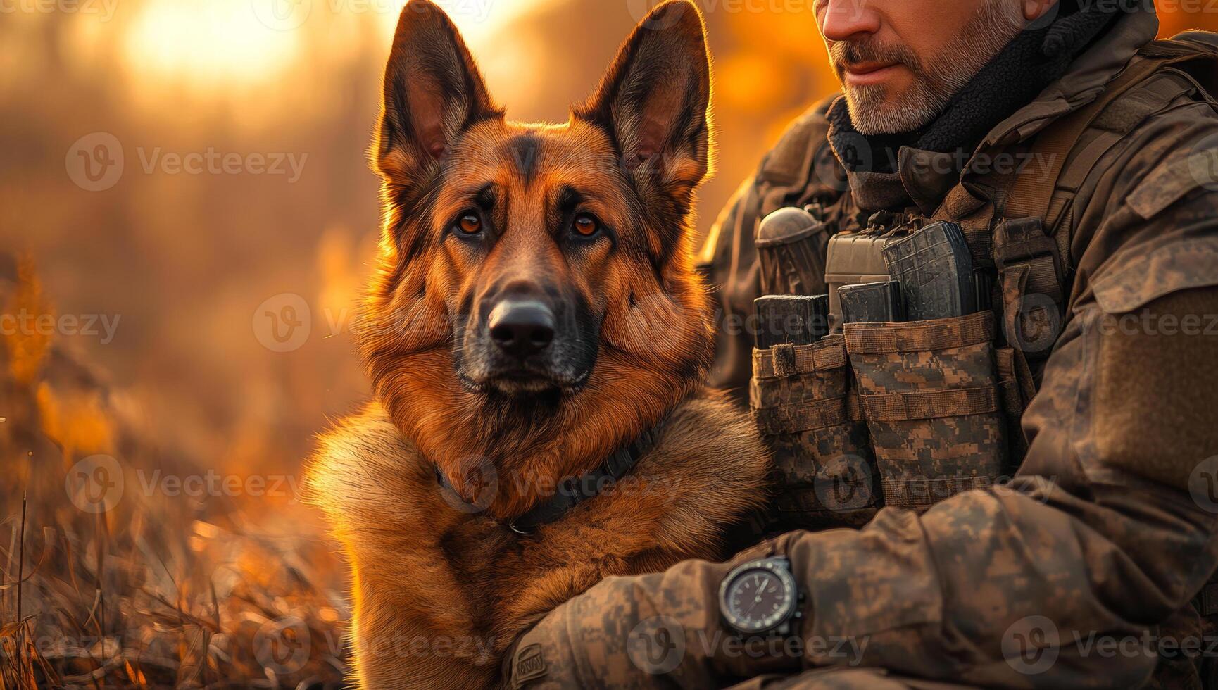 Soldier and shepherd at dusk. A soldier in camouflage sits with a German shepherd at golden hour, sharing a moment of loyalty. photo