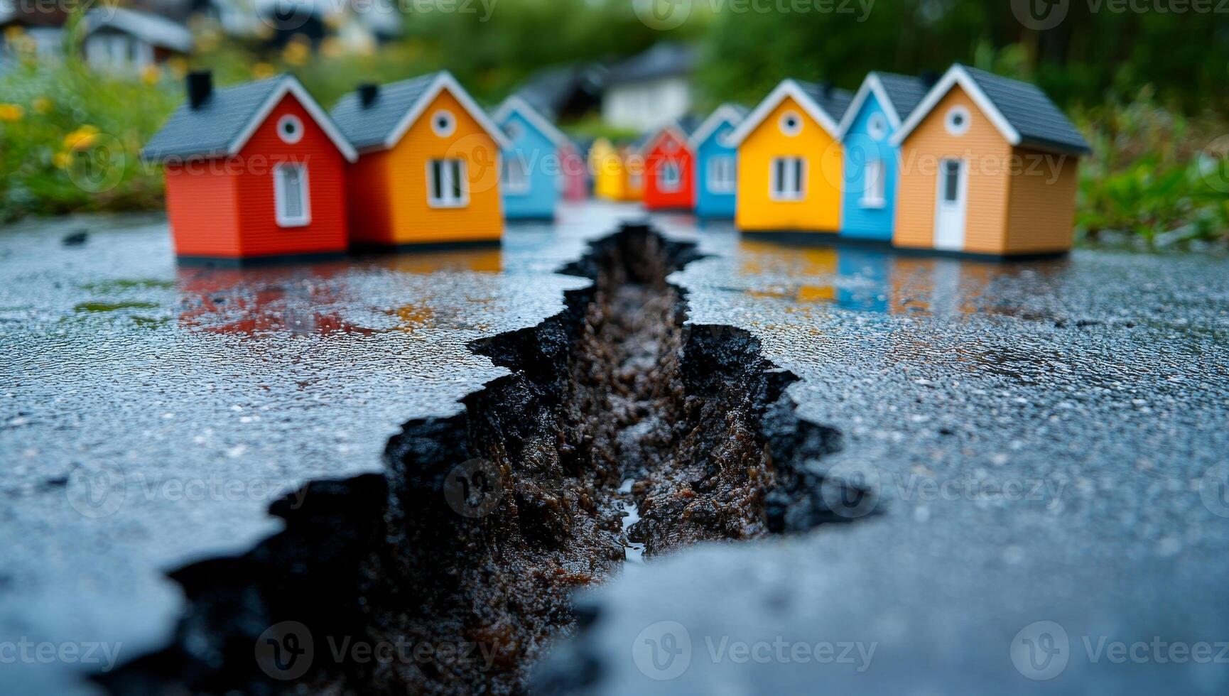 Earthquake cracks near colorful houses. A deep crack splits the ground near vibrant miniature houses amidst a lush green landscape after an earthquake. photo