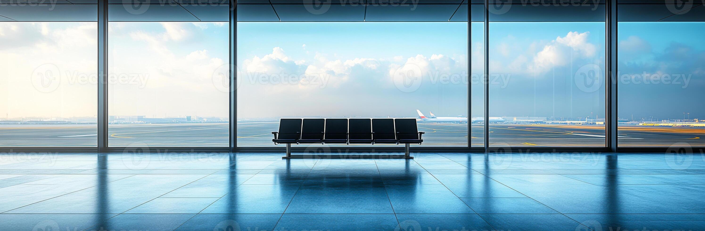 Viewing area in airport lounge. A modern waiting area features empty seats and a panoramic view of the runway under a blue sky. photo