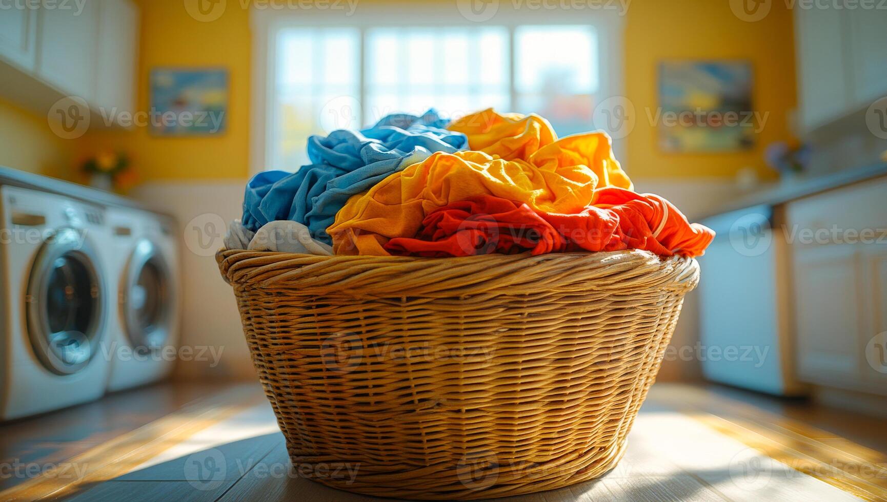 Bright laundry basket in kitchen. A colorful basket of laundry sits in a sunny kitchen, showcasing a busy daytime household. photo
