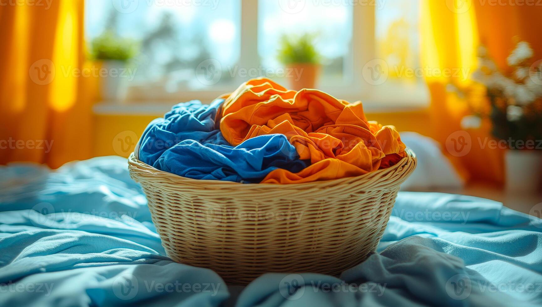 Colorful laundry basket on a sunny day. A basket filled with bright orange and blue clothes sits on a soft fabric in a warmly lit room with sunny windows. photo