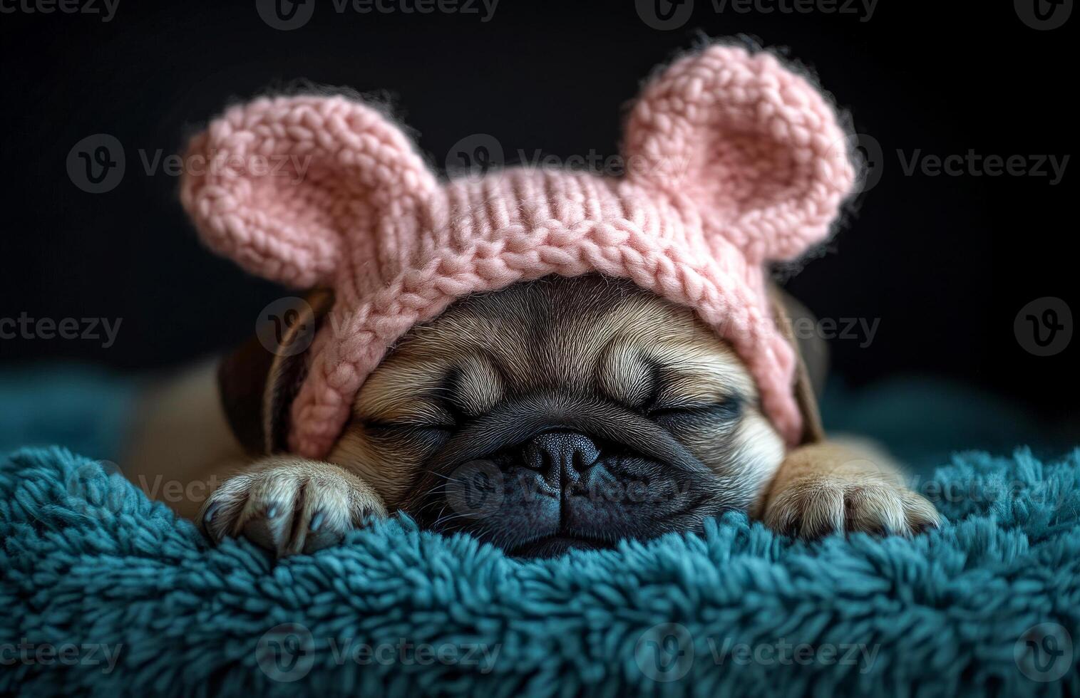 Cute pug puppy wearing a pink hat. A pug puppy sleeps peacefully on a cozy blanket while wearing a pink knitted hat with ears. photo
