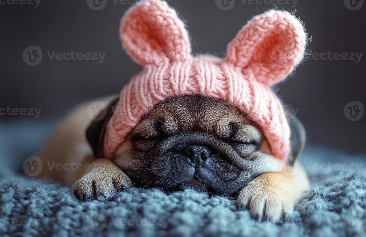 Cute pug wearing a bunny hat indoors. A sleeping pug rests on a cozy blanket, donning an adorable pink bunny hat in a soft, warm setting. photo
