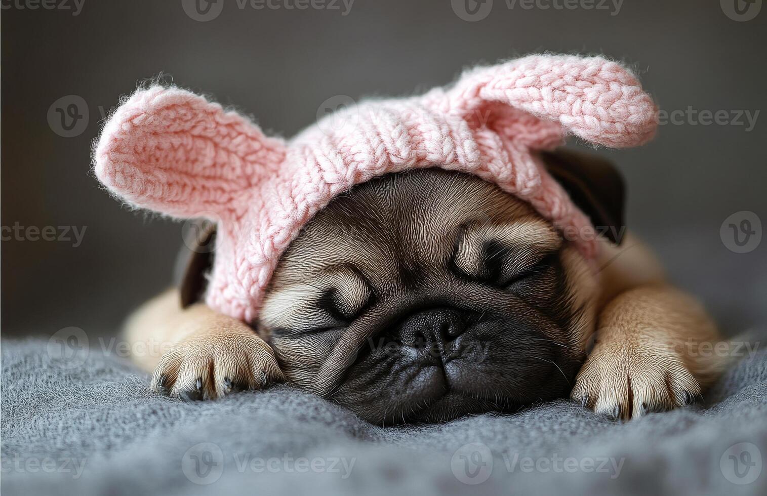 Cute pug puppy sleeping in bunny hat. A small pug puppy peacefully sleeps while wearing a soft pink bunny hat, resting on a cozy gray blanket. photo