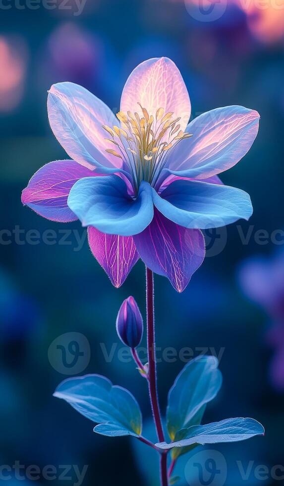 Beautiful columbine flower in soft light. A lively columbine flower with blue and pink petals stands tall in the soft evening light. photo