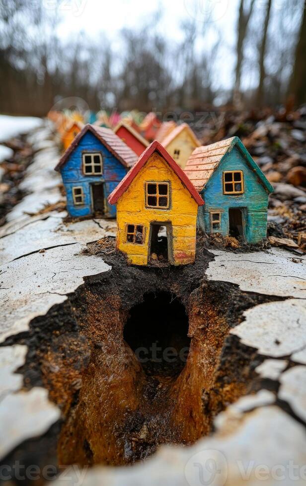Colorful houses on cracked ground. Tiny brightly colored houses are nestled in a deep crack on barren ground surrounded by trees in winter. photo
