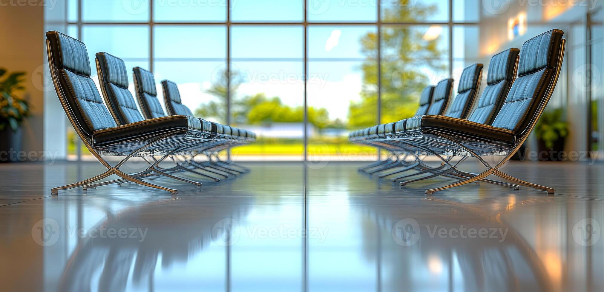 Modern waiting area with sleek seating. Bright, spacious waiting area with stylish chairs and large windows for plenty of natural light. photo