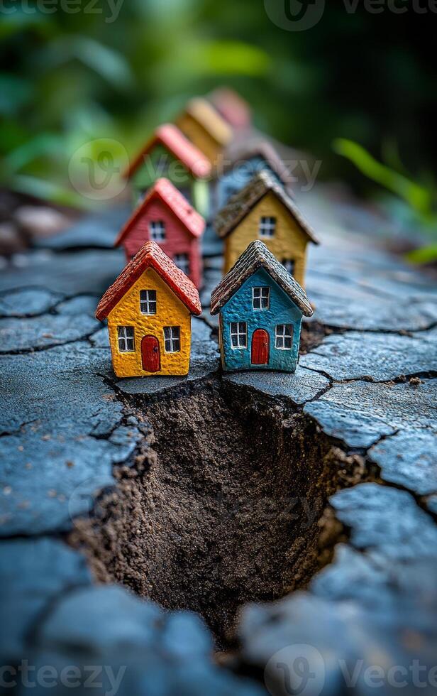 Tiny houses on cracked earth. Colorful miniature houses are lined up along a deep crack in the ground surrounded by greenery and natural light. photo