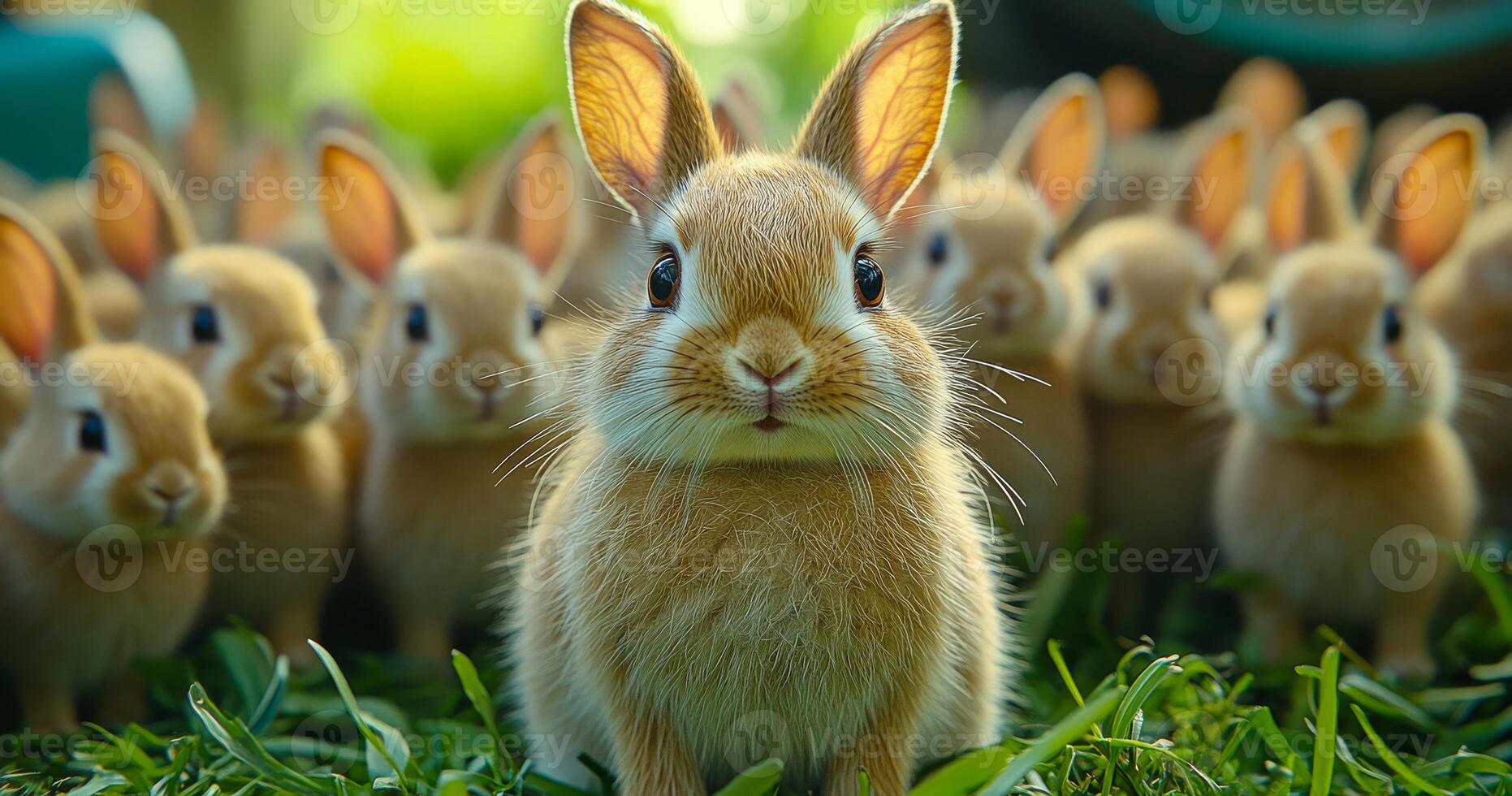 Cute rabbits gathered in a sunny meadow. A group of fluffy rabbits enjoy the warm sun in a vibrant green meadow, showcasing their playful nature and curiosity. photo