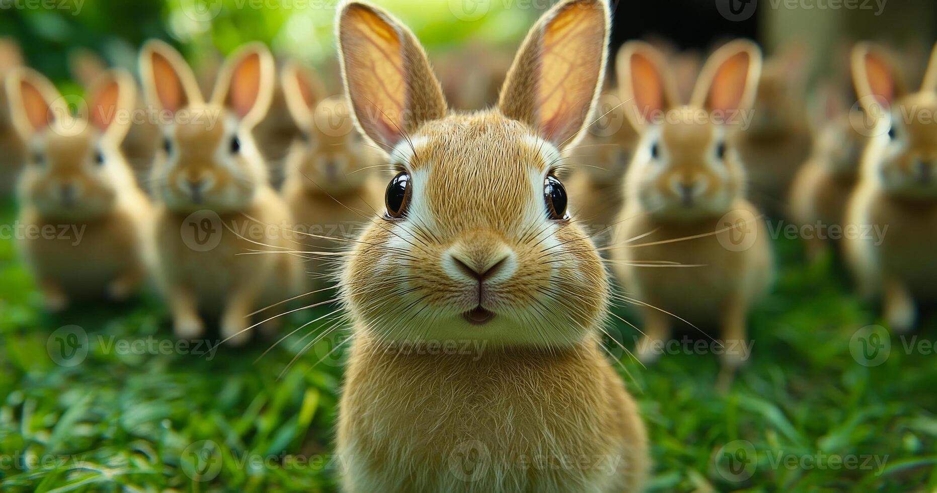 Curious rabbits gather on green grass. A group of small rabbits sits close together on lush green grass, with one rabbit noticeably curious and attentive. photo