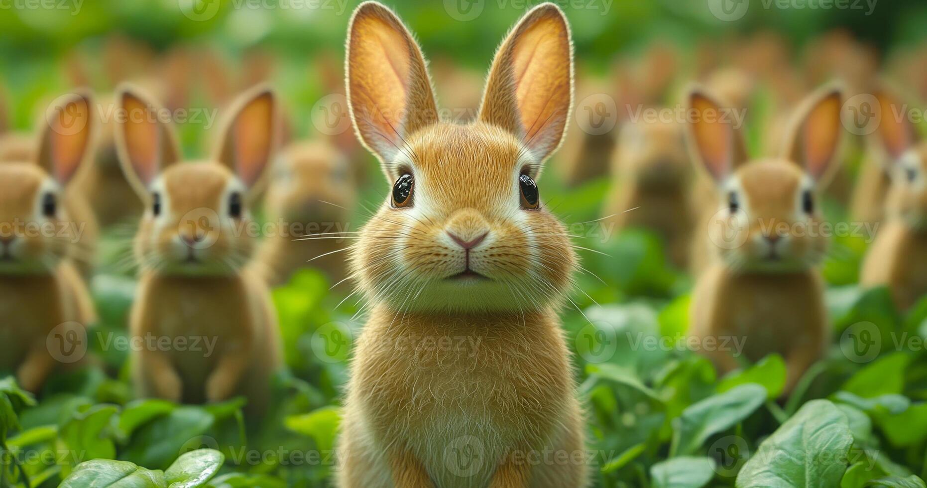 Rabbits gathered in a lush green field. A group of curious rabbits explores a vibrant green field filled with fresh plants during daylight. photo