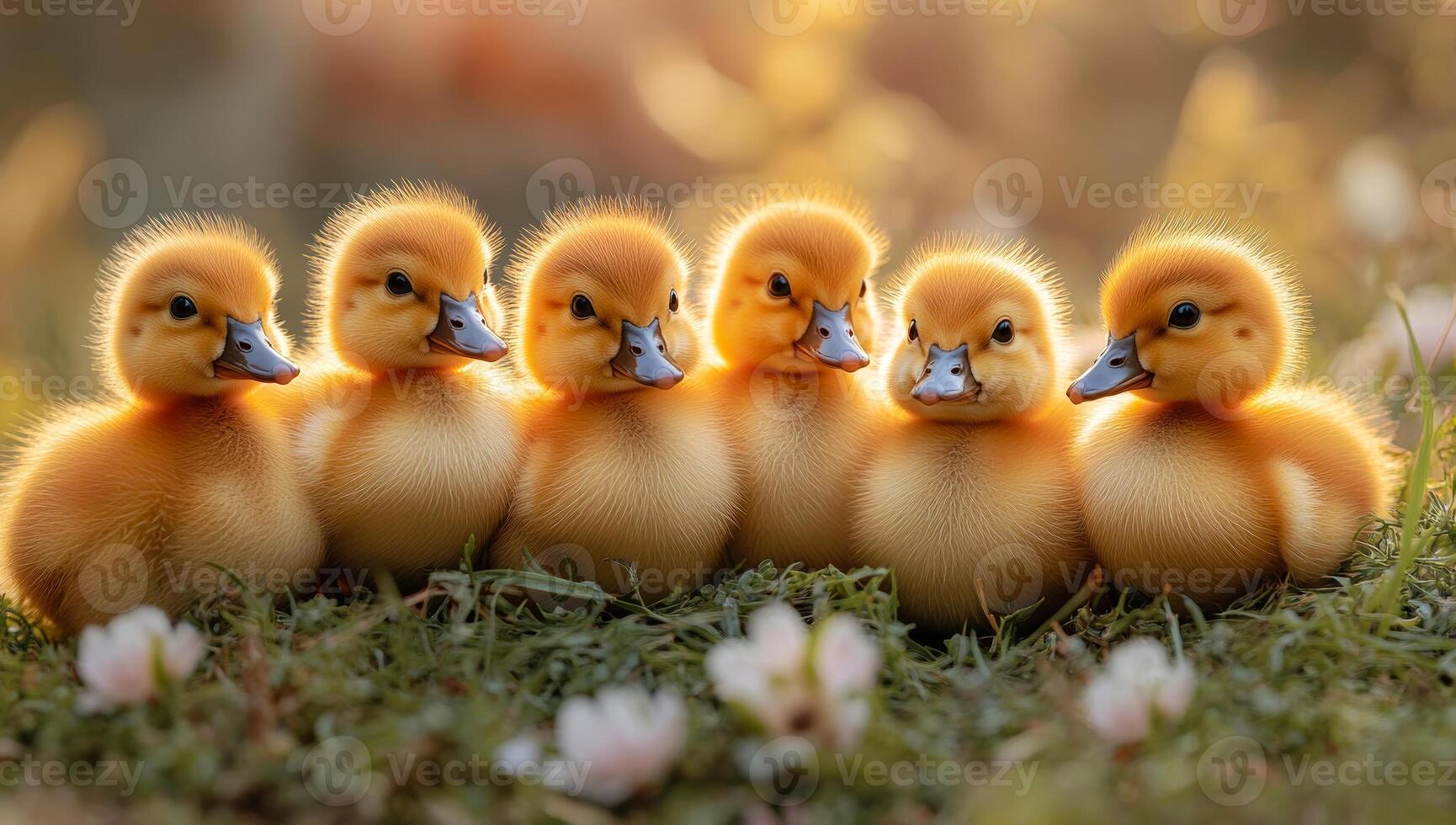 Rows of cute ducklings outside. Six fluffy yellow ducklings are lined up on grass, basking in warm sunlight surrounded by flowers in spring. photo