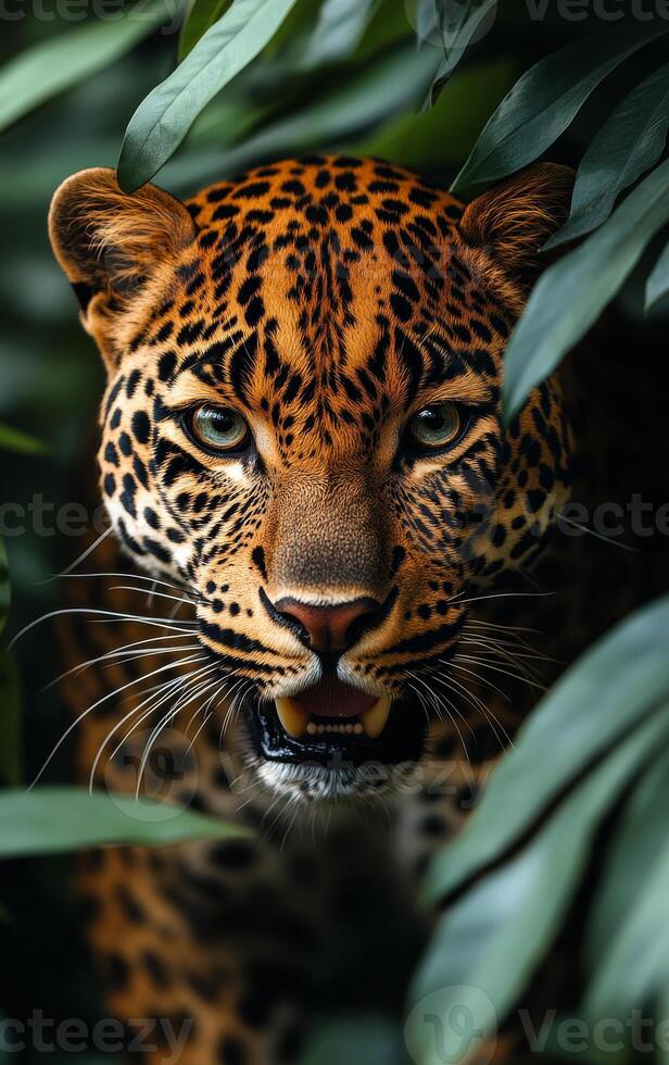 Jaguar lurking among green foliage. A jaguar with striking spots emerges from dense greenery, showcasing its fierce gaze and powerful presence. photo