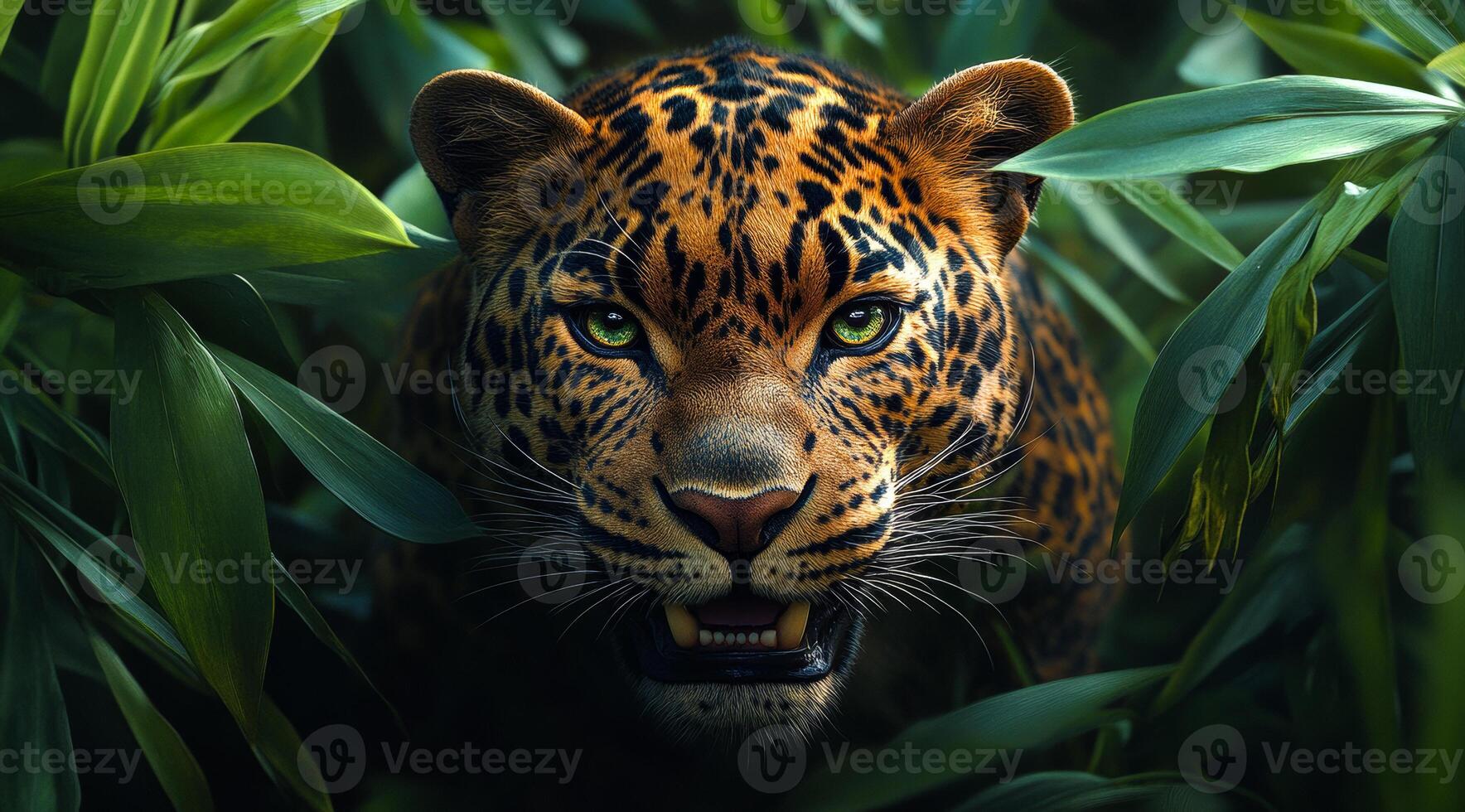 Jaguar stalks thick jungle. A majestic jaguar stealthily moves through thick green vegetation, displaying its powerful presence and keen gaze. photo