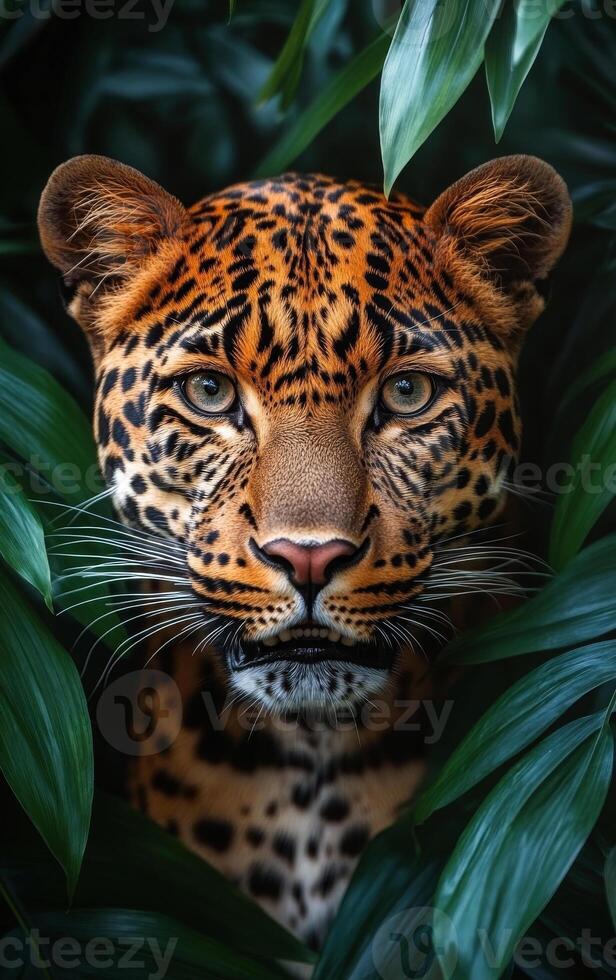 Majestic leopard gazing through foliage. A leopard peers through green leaves in a tropical setting, displaying its vibrant coat and keen eyes. photo