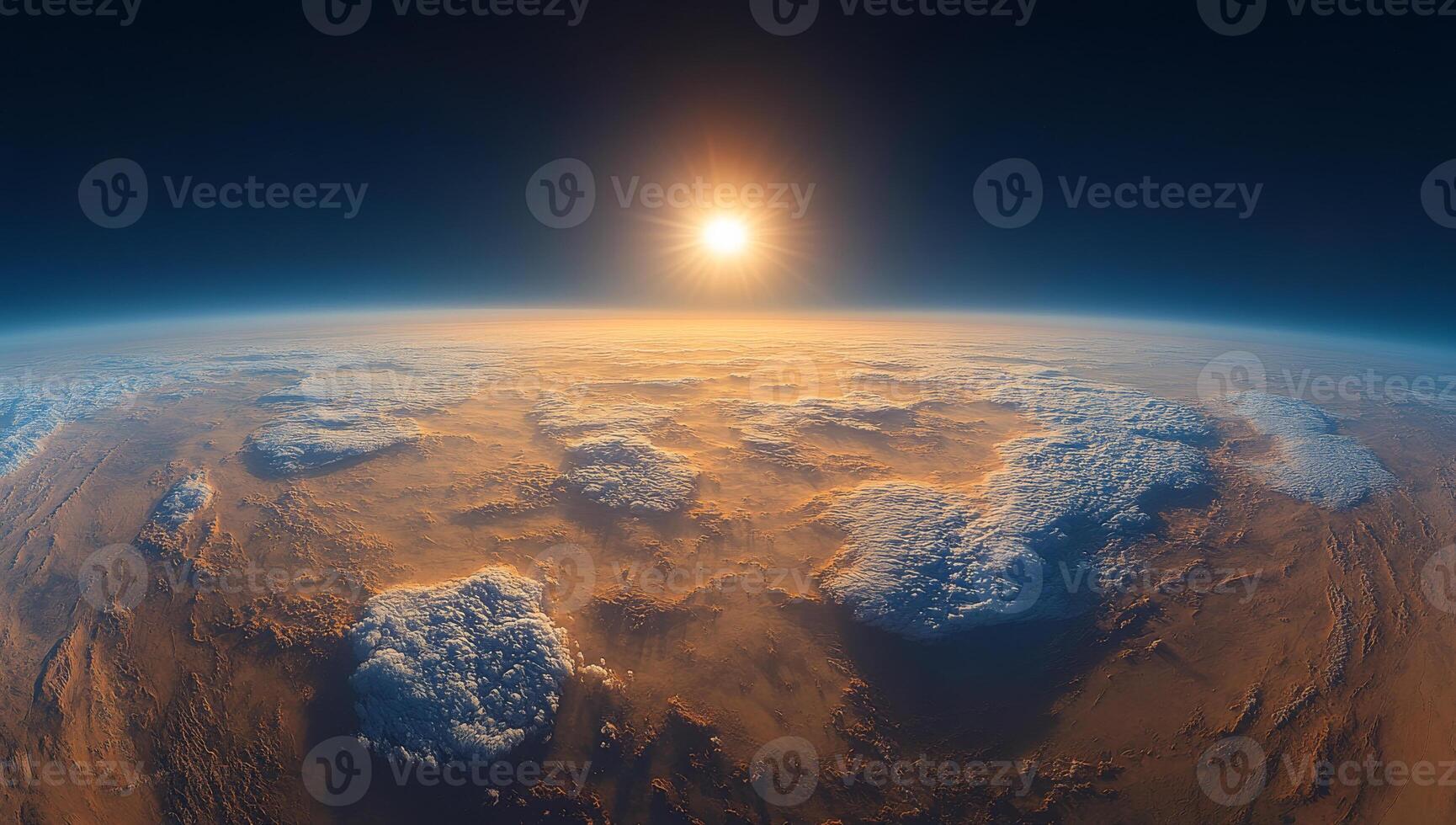 Sunrise over Earth from space. A breathtaking view captures the sun emerging above fluffy clouds, showcasing a stunning Earth landscape from space. photo