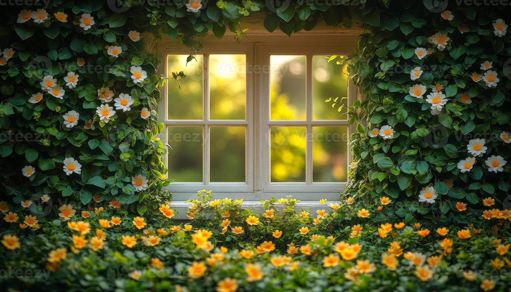 Beautiful flower-filled window in garden. Soft sunlight filters through a window surrounded by vibrant flowers and lush greenery, creating a serene atmosphere. photo