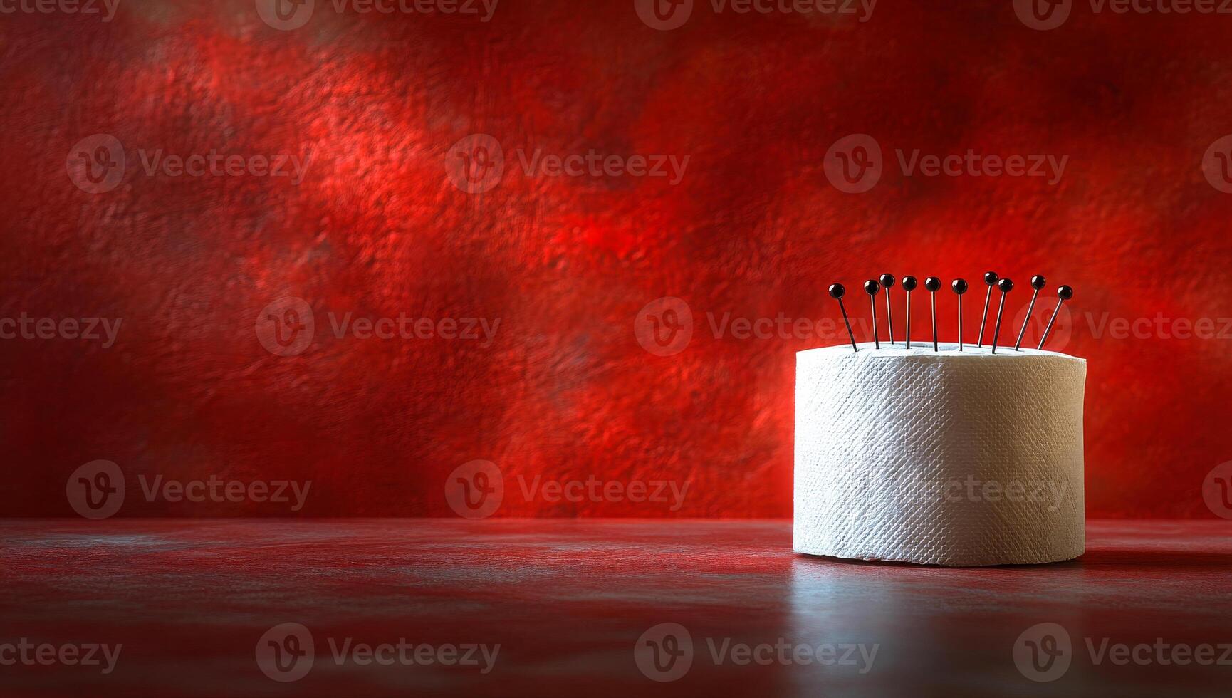 Pins on paper roll, red bg. A paper roll sits on a table with black pins arranged on top, contrasting against a vibrant red backdrop. photo