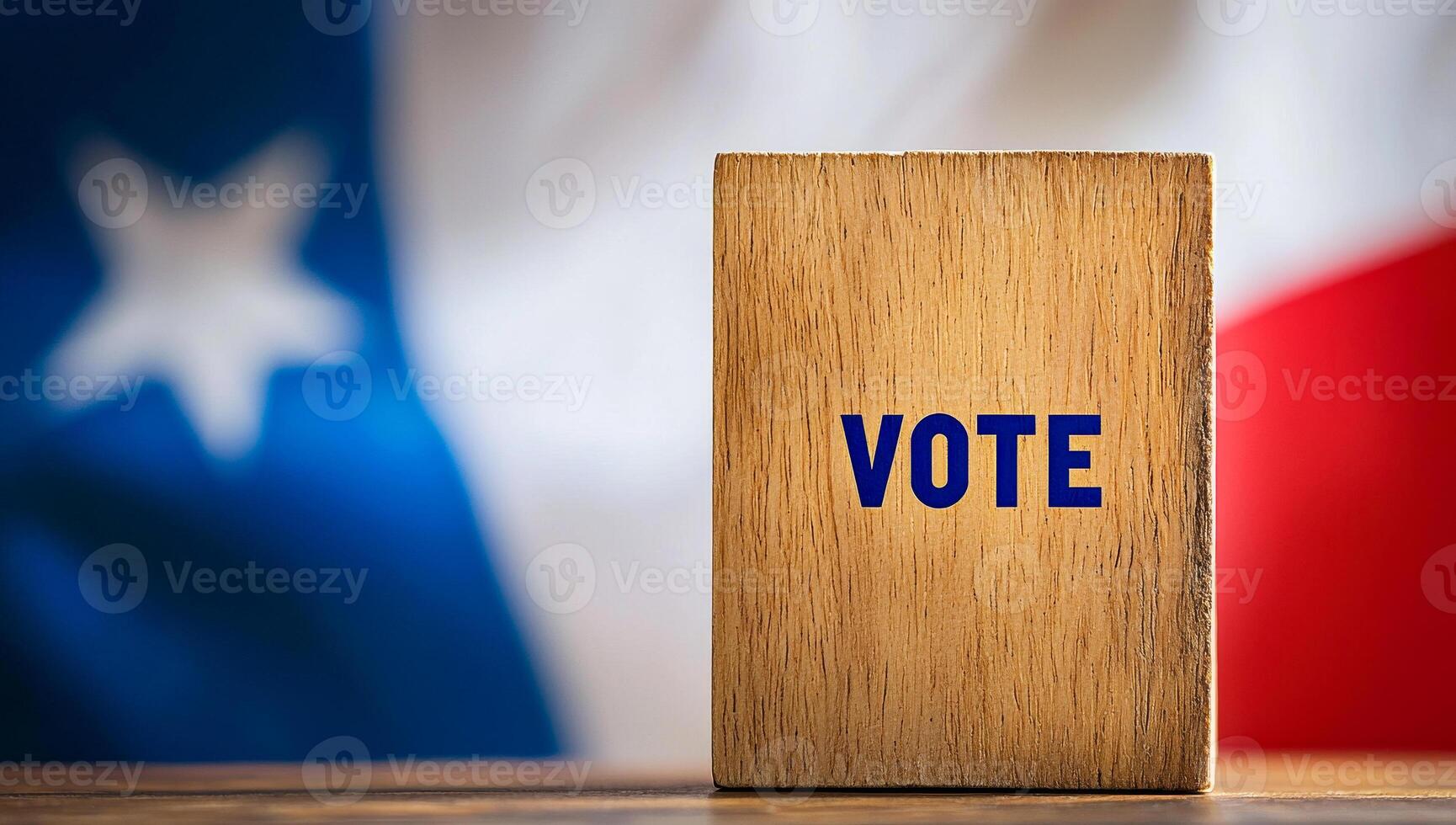 Vote block in front of a flag background. A wooden block with vote stands out before a flag, symbolizing civic engagement and democracy. photo