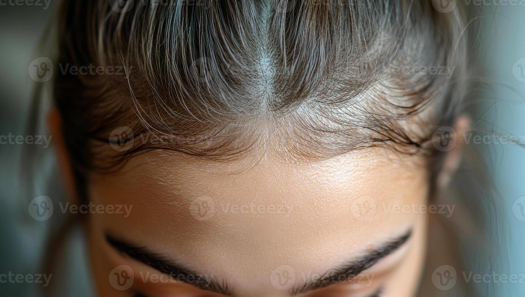 Close-up of woman's hair. A young woman with long, shiny hair looking down, revealing her smooth forehead and neat hairline in bright lighting. photo