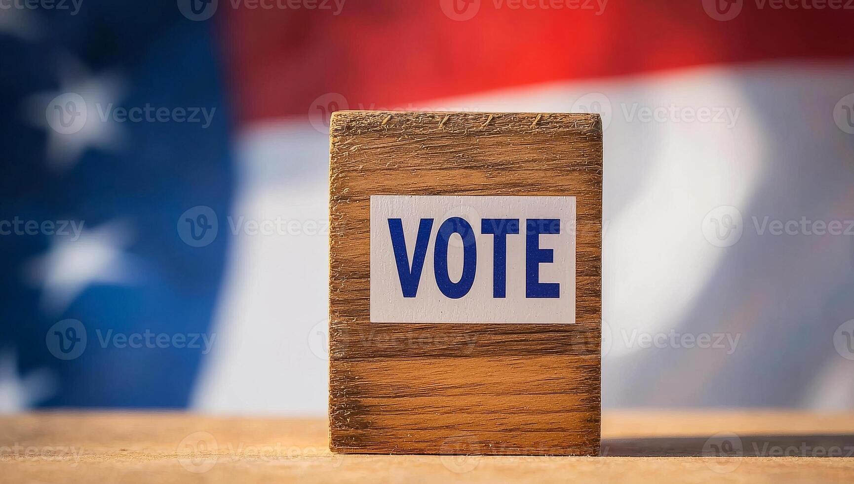 Boosting civic voting. A wooden block reading 'vote' stands by an American flag, symbolizing the importance of democratic participation. photo