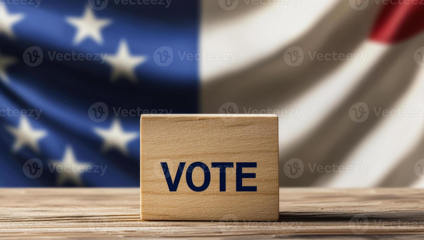 Vote displayed against national flags. A wooden block saying vote stands before two flags, representing democracy and civic duty. photo